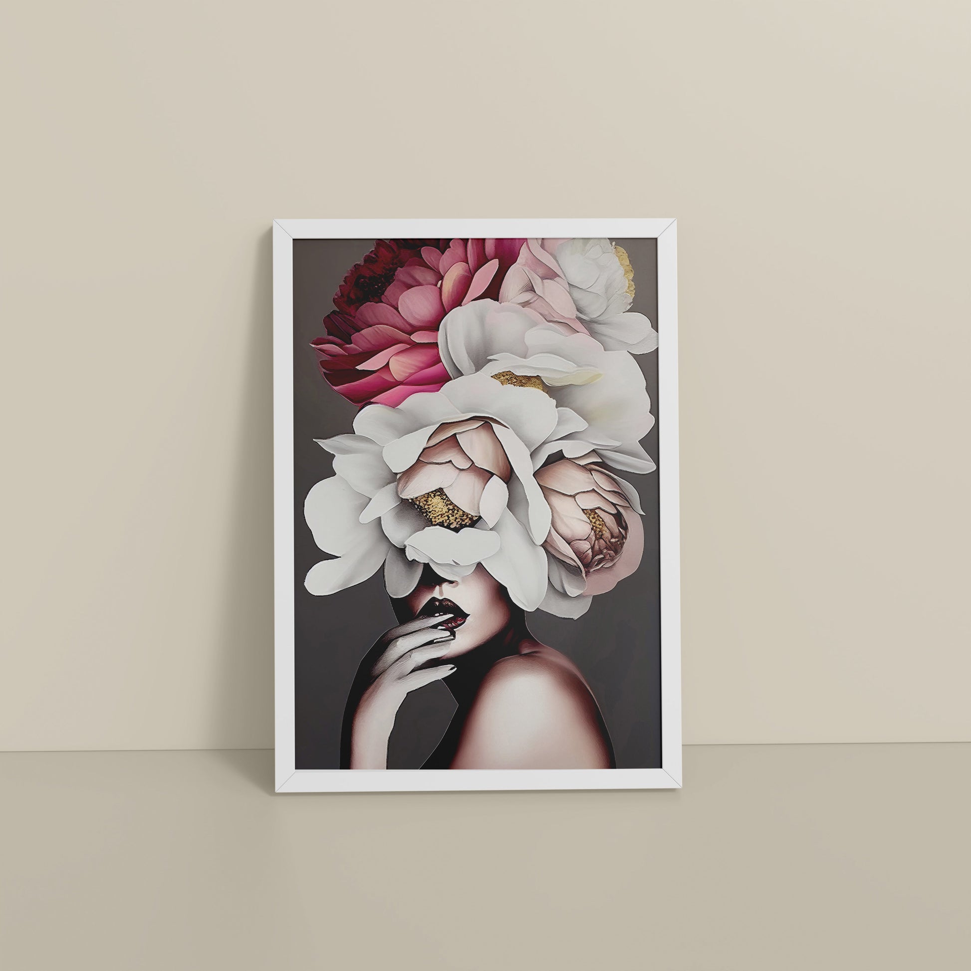 Floor View of Blooming Beauty – Abstract Female Floral Wall Art in White Color Frame