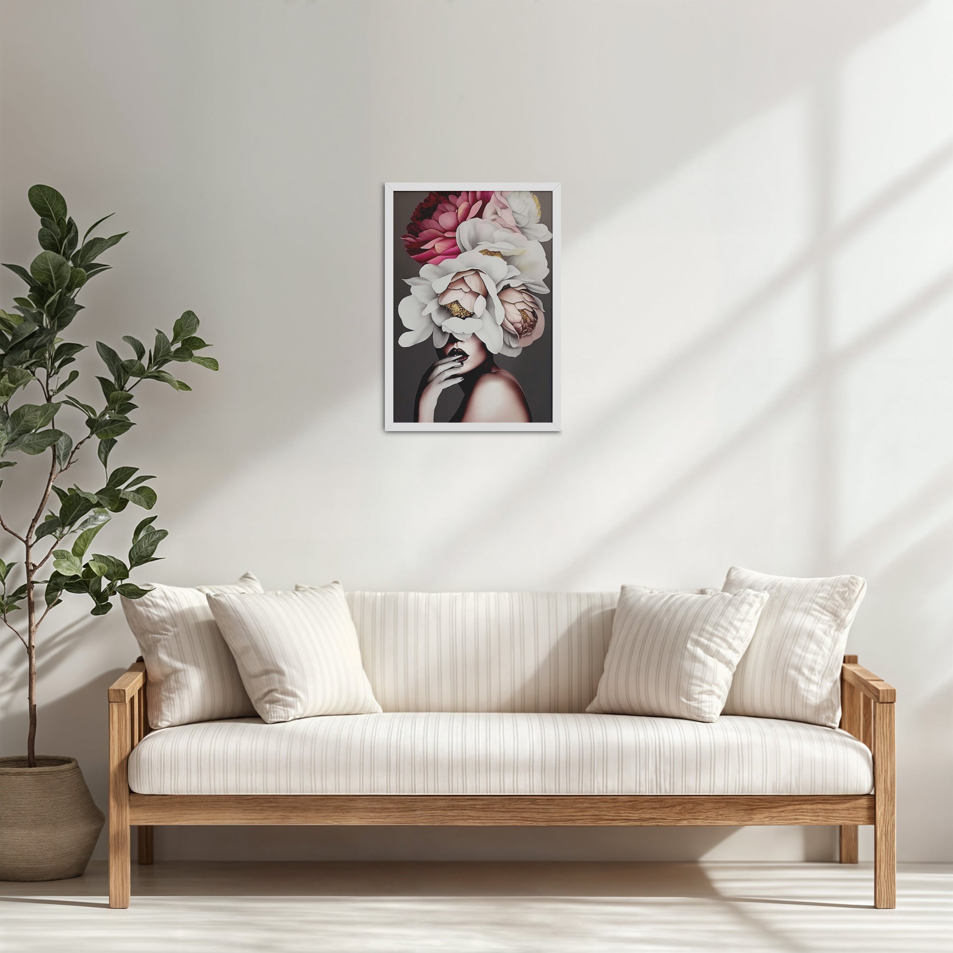 Living Room Cabinet Table Preview of Blooming Beauty – Abstract Female Floral Wall Art in White Color Frame