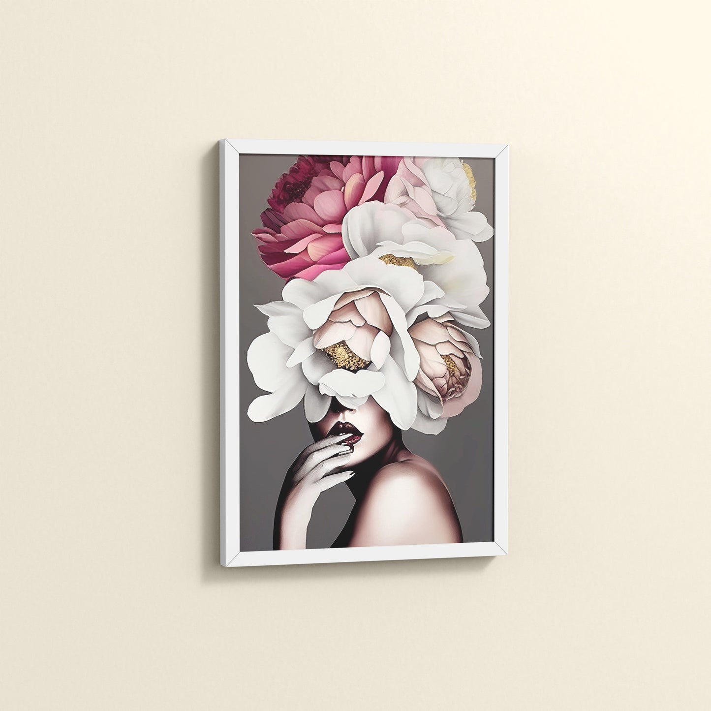 Side View of Blooming Beauty – Abstract Female Floral Wall Art in White Color Frame
