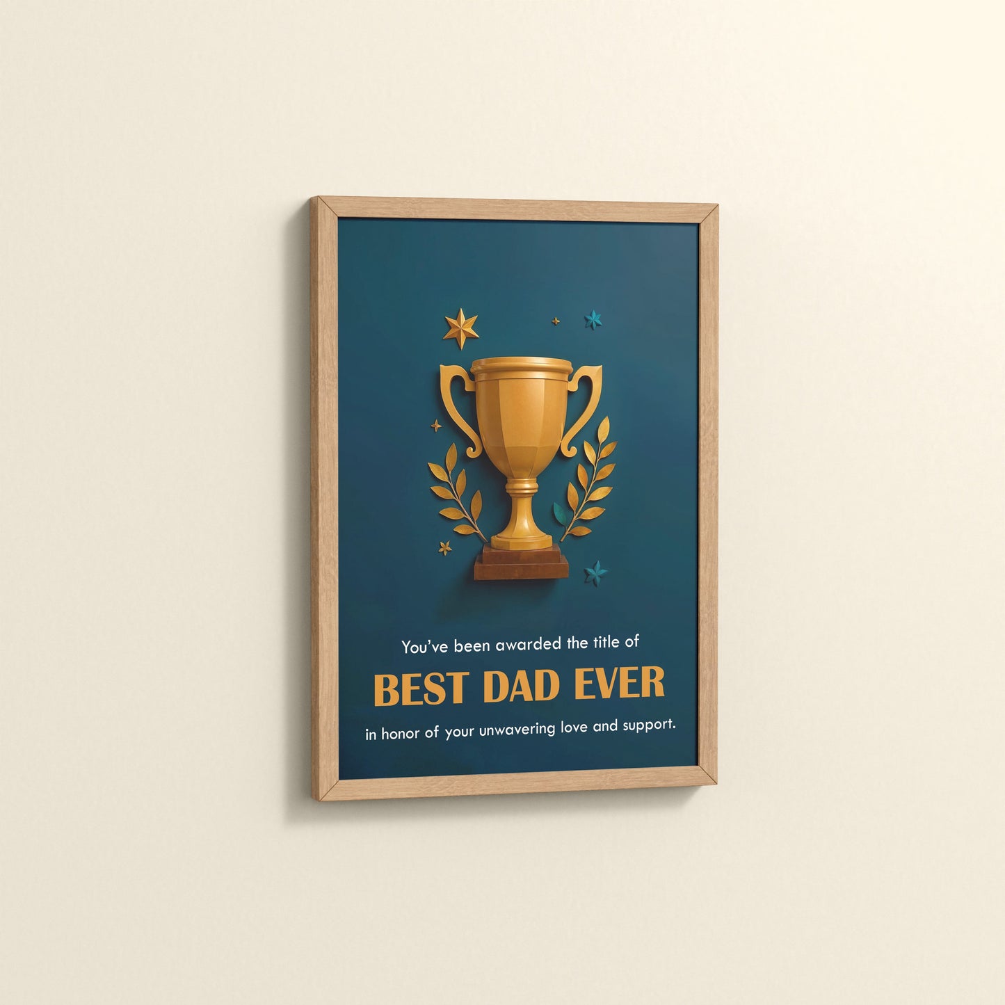 Side View of Best Dad Ever – Officially Awarded Wall Art in Natrual Color Frame