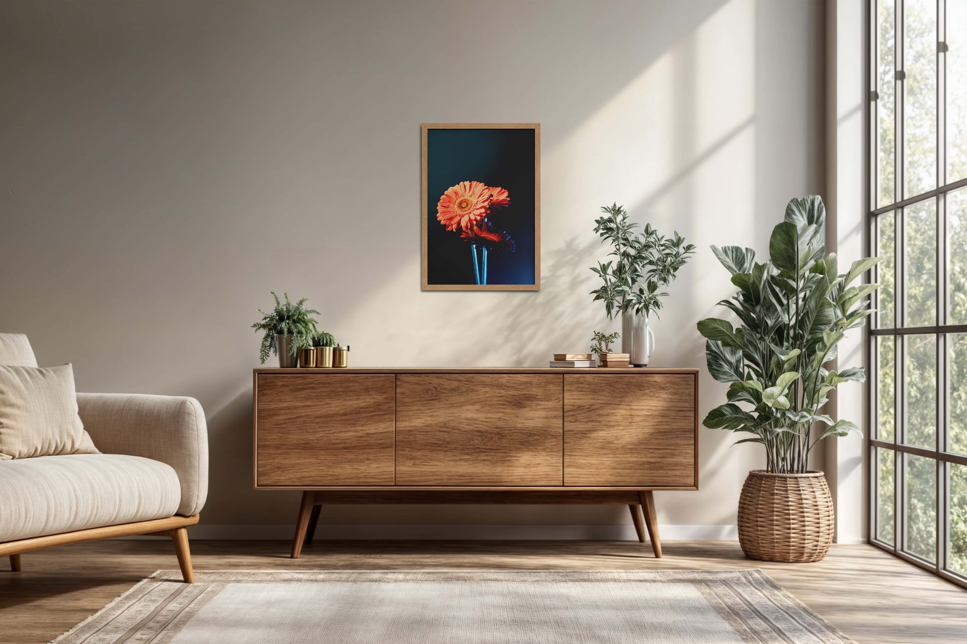 Living Room Cabinet Preview of Orange Charm – Daisy Flower Photo Frame Decor in Natrual Color Frame