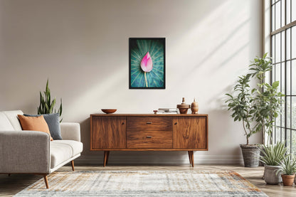 Living Room Sofa Preview of Sacred Lotus – Symbol of Purity and Peace Wall Art in Black Color Frame