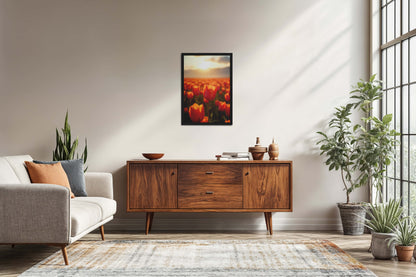 Living Room Sofa Preview of Tulip Flowers Fields with Sunlit in Wall Art Frame in Black Color Frame