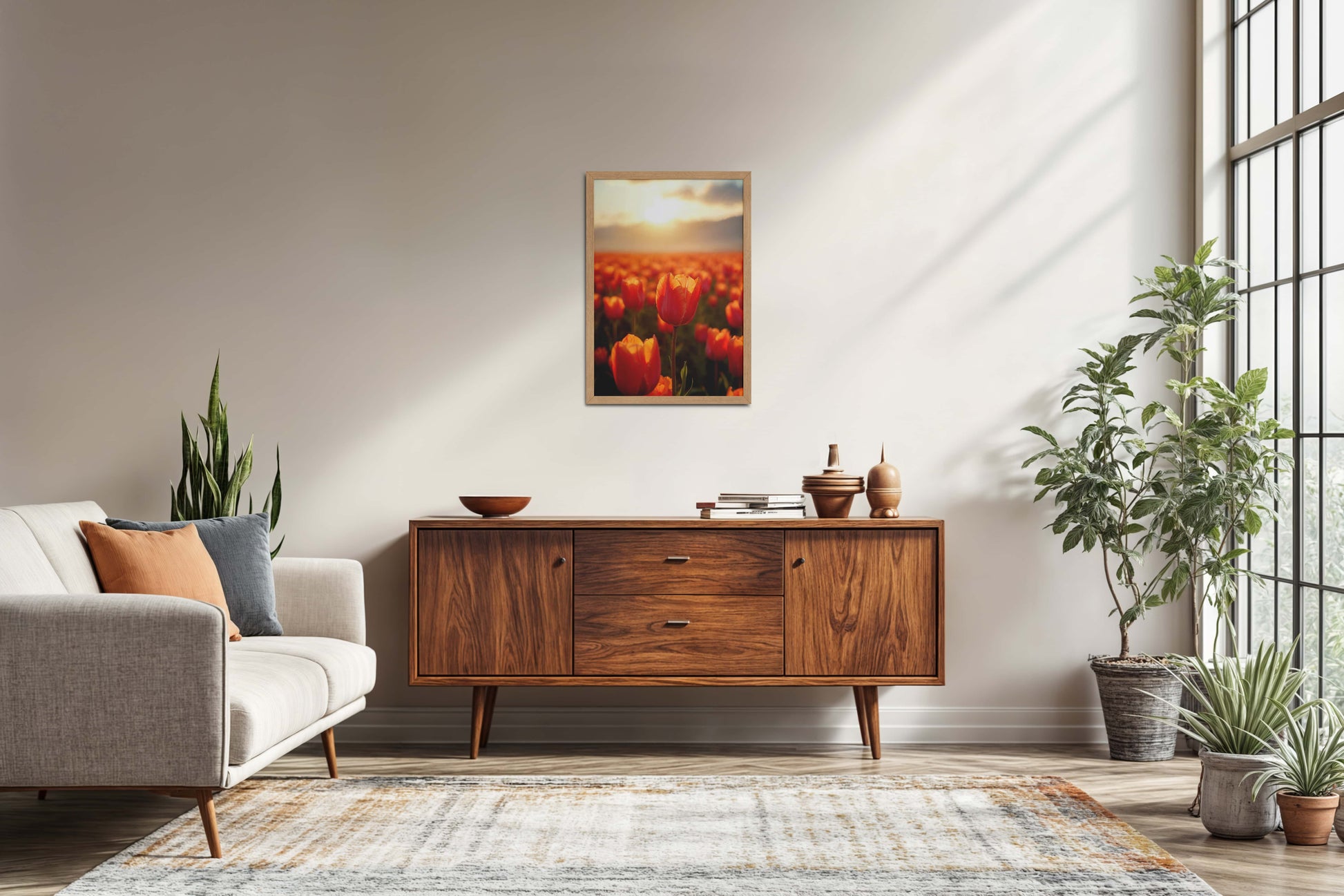 Living Room Sofa Preview of Tulip Flowers Fields with Sunlit in Wall Art Frame in Natrual Color Frame