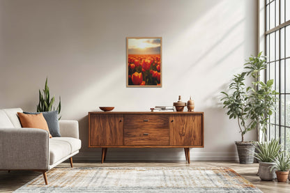 Living Room Sofa Preview of Tulip Flowers Fields with Sunlit in Wall Art Frame in Natrual Color Frame