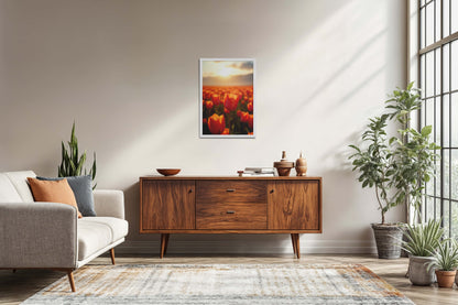 Living Room Sofa Preview of Tulip Flowers Fields with Sunlit in Wall Art Frame in White Color Frame
