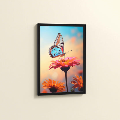 Side View of Blossom Grace – Butterfly on Pink Flower in Wall Art in Black Color Frame