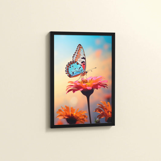 Side View of Blossom Grace – Butterfly on Pink Flower in Wall Art in Black Color Frame