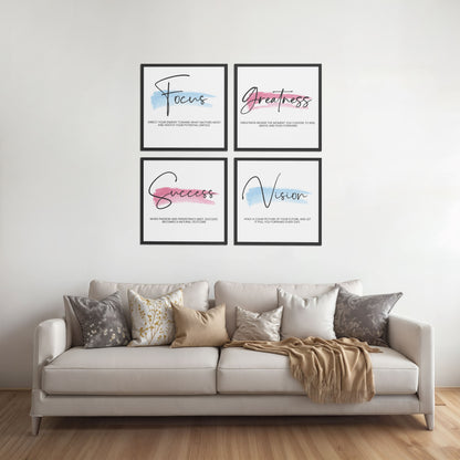 Living Room Sofa Preview of Focus, Vision, Greatness & Success Wall Art Set of 4 Frames in Black Color Frame