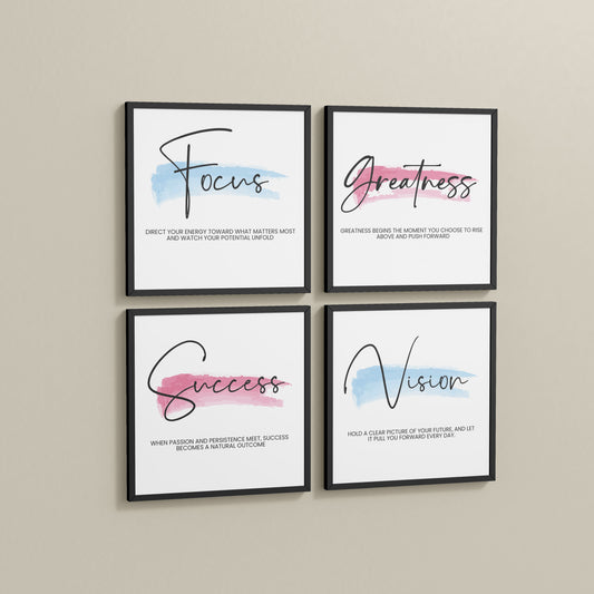 Side View of Focus, Vision, Greatness & Success Wall Art Set of 4 Frames in Black Color Frame