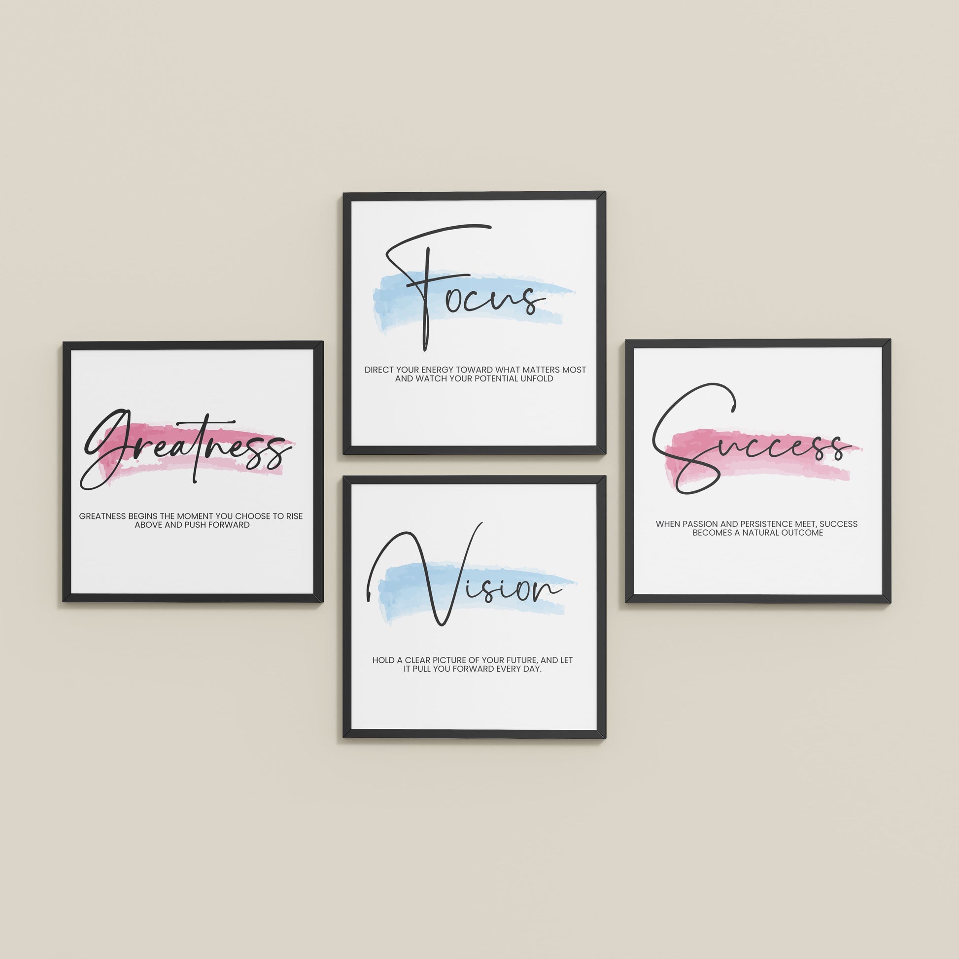 Inclined Floor View of Focus, Vision, Greatness & Success Wall Art Set of 4 Frames in Black Color Frame
