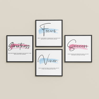 Inclined Floor View of Focus, Vision, Greatness & Success Wall Art Set of 4 Frames in Black Color Frame