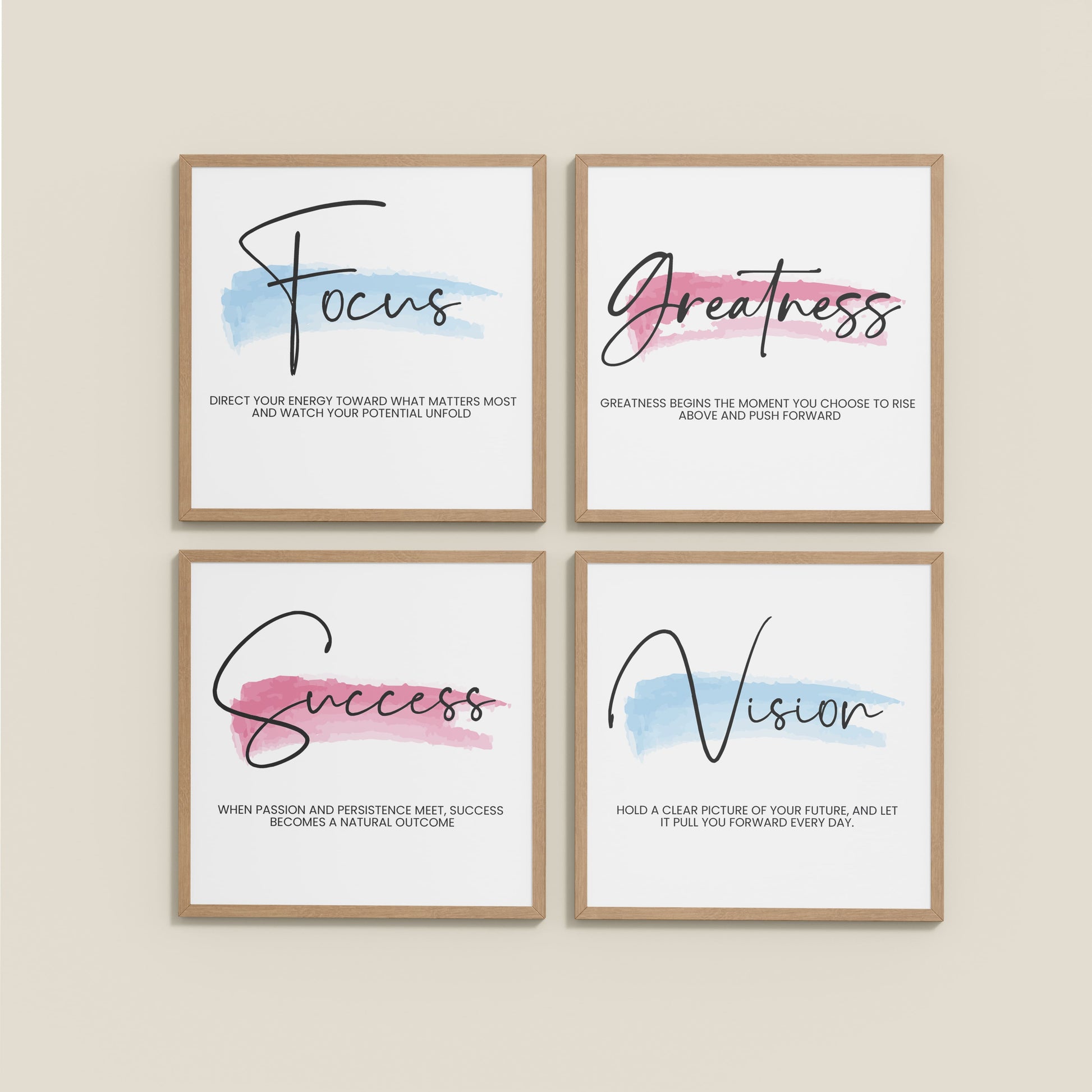 Wall View of Focus, Vision, Greatness & Success Wall Art Set of 4 Frames in Natrual Color Frame