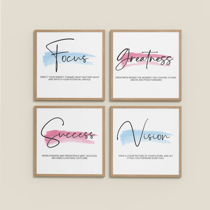 Wall View of Focus, Vision, Greatness & Success Wall Art Set of 4 Frames in Natrual Color Frame