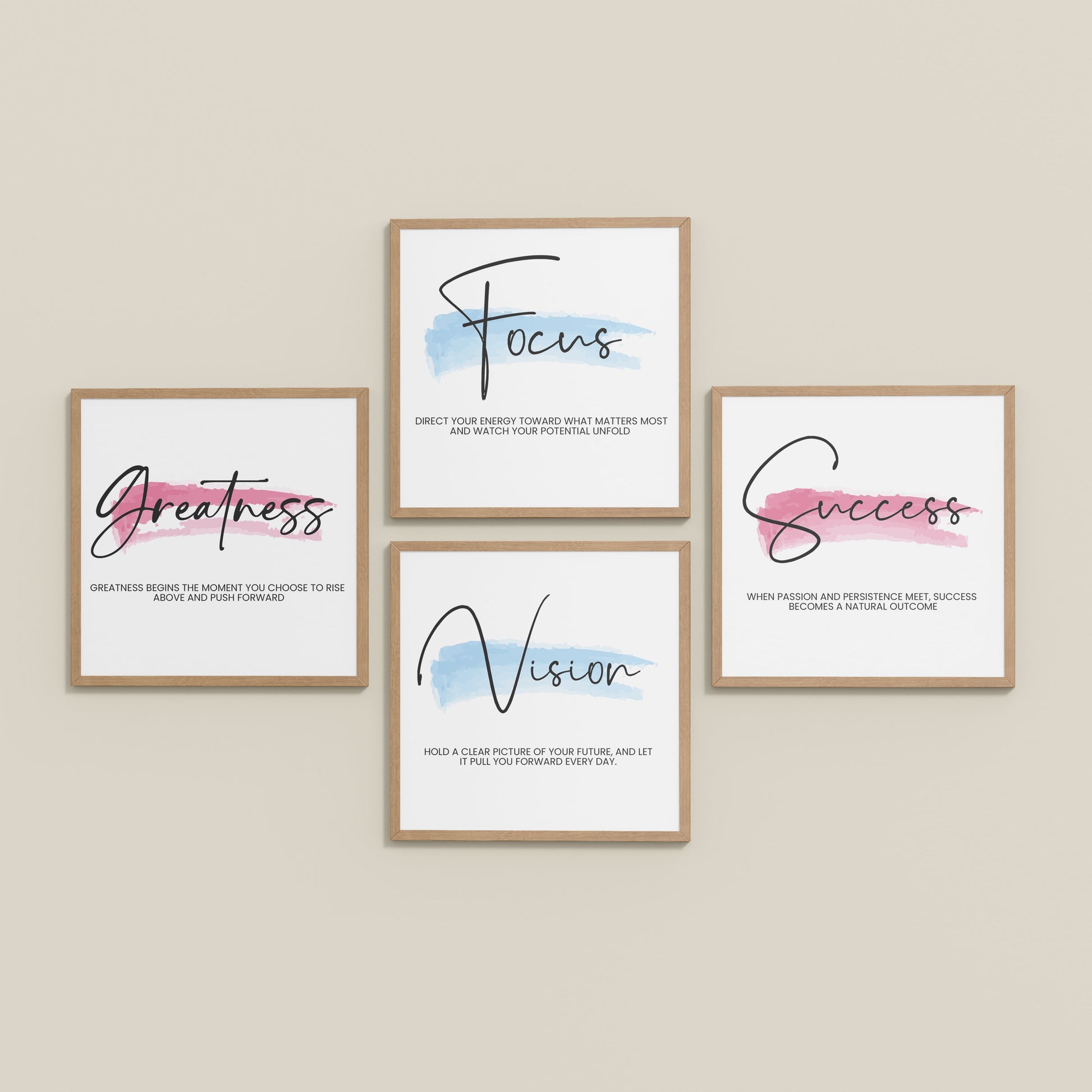 Inclined Floor View of Focus, Vision, Greatness & Success Wall Art Set of 4 Frames in Natrual Color Frame