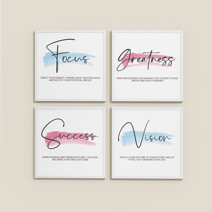 Wall View of Focus, Vision, Greatness & Success Wall Art Set of 4 Frames in White Color Frame