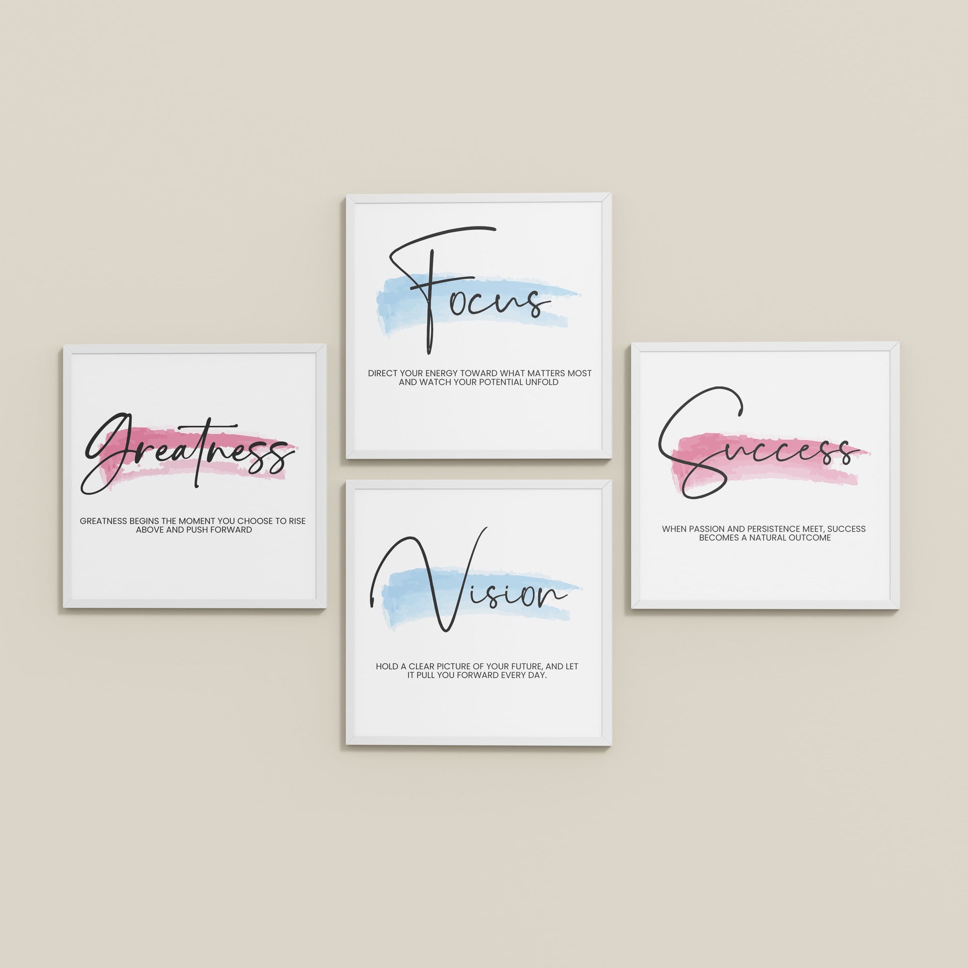 Inclined Floor View of Focus, Vision, Greatness & Success Wall Art Set of 4 Frames in White Color Frame