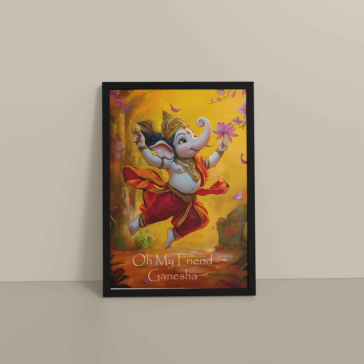 Floor View of Oh My Friend Ganesha – Colorful Bal Ganesh Wall Decor Photo Frame in Black Color Frame