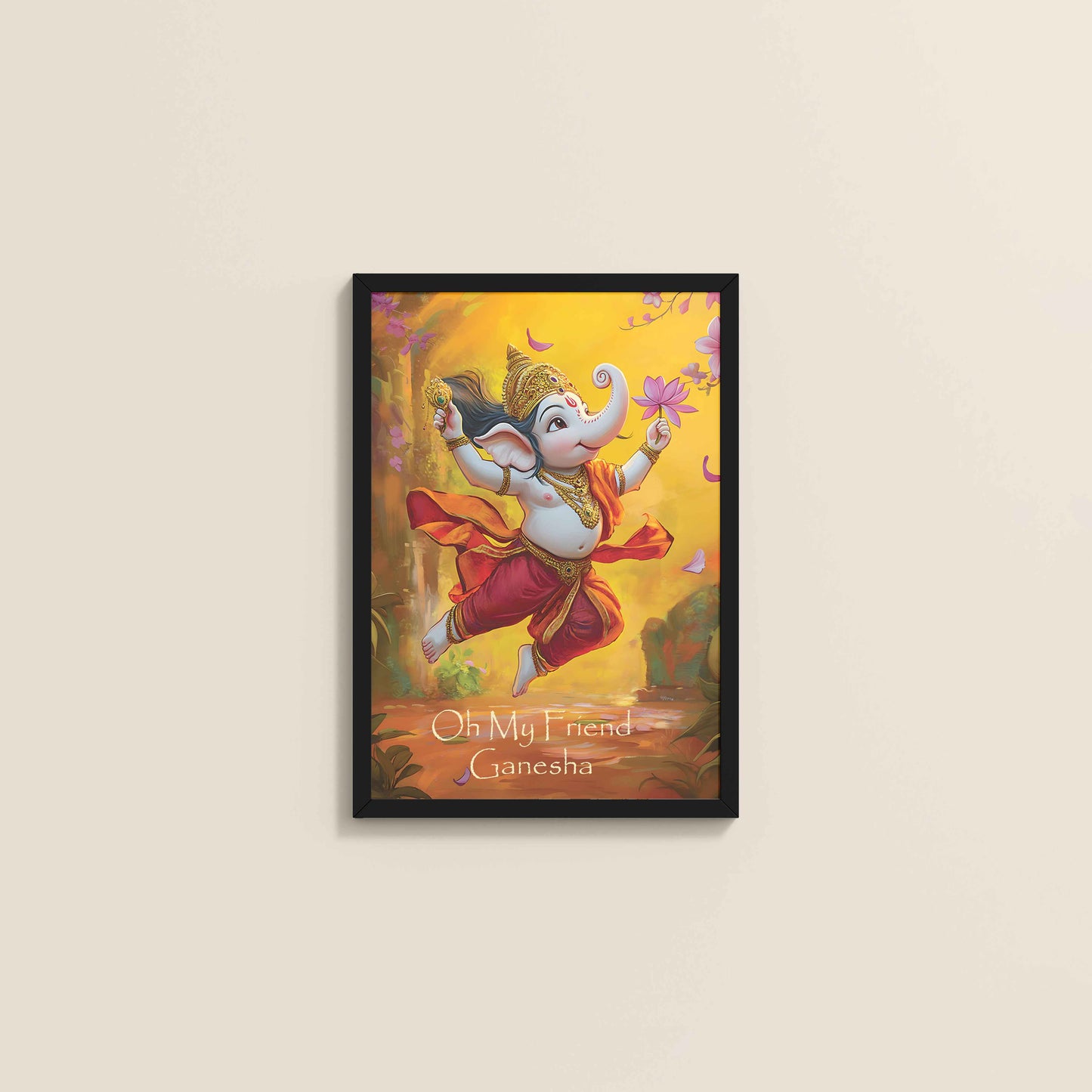 Wall View of Oh My Friend Ganesha – Colorful Bal Ganesh Wall Decor Photo Frame in Black Color Frame