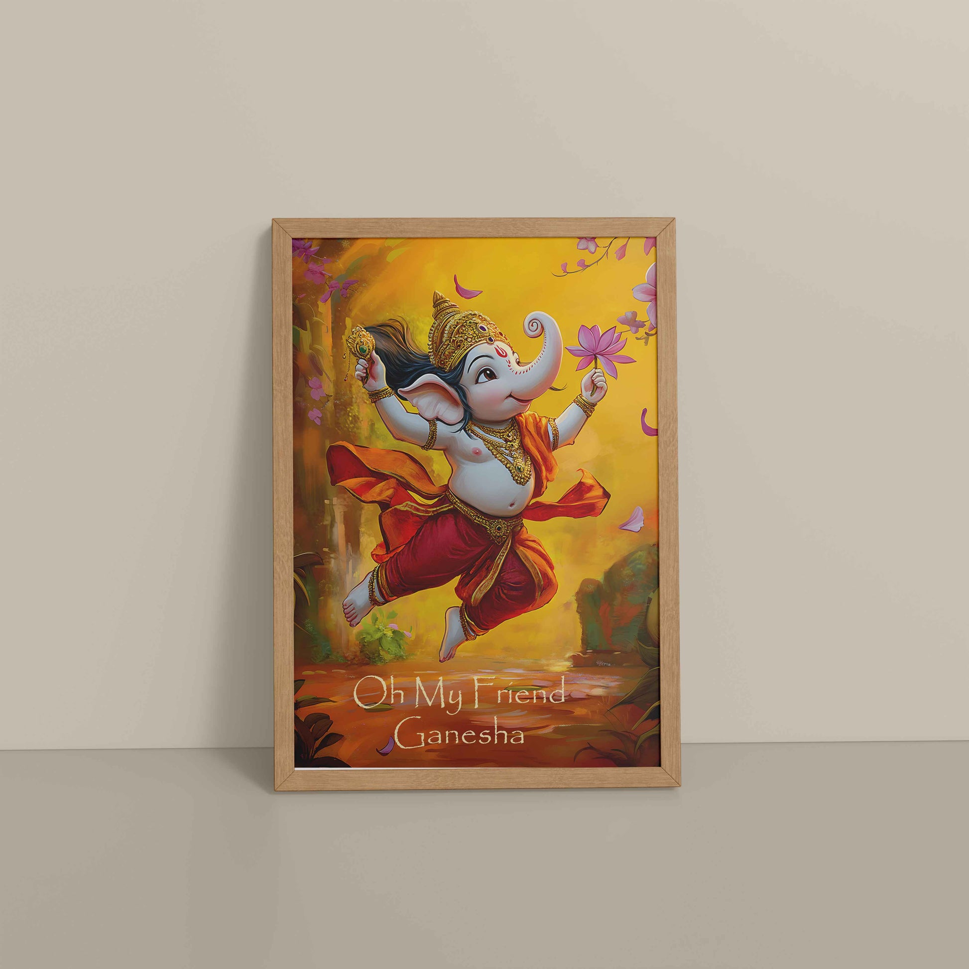 Floor View of Oh My Friend Ganesha – Colorful Bal Ganesh Wall Decor Photo Frame in Natrual Color Frame