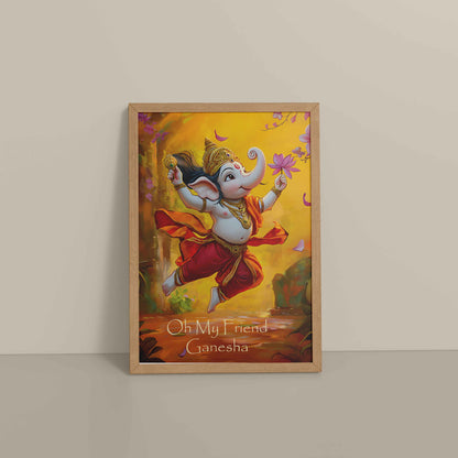 Floor View of Oh My Friend Ganesha – Colorful Bal Ganesh Wall Decor Photo Frame in Natrual Color Frame