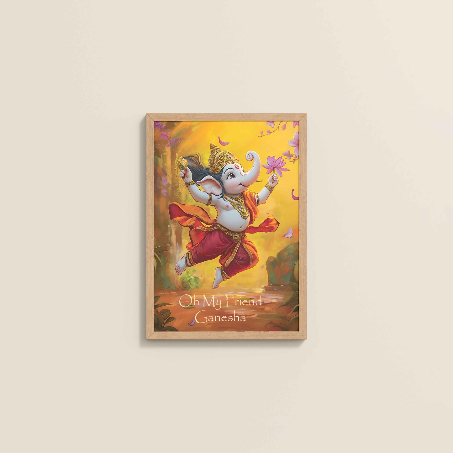 Wall View of Oh My Friend Ganesha – Colorful Bal Ganesh Wall Decor Photo Frame in Natrual Color Frame