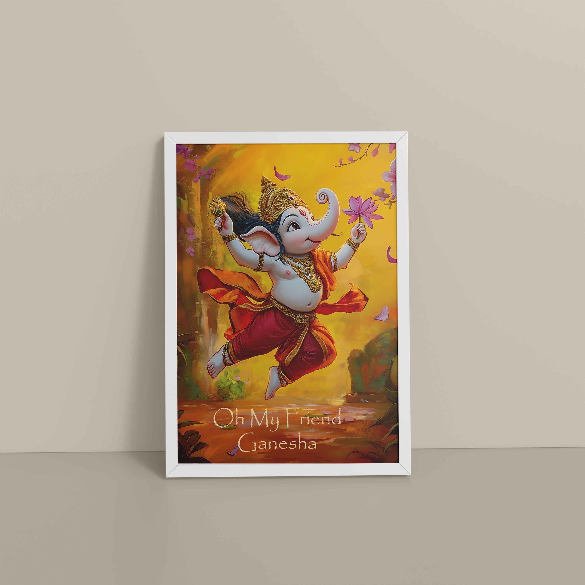 Floor View of Oh My Friend Ganesha – Colorful Bal Ganesh Wall Decor Photo Frame in White Color Frame