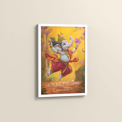 Side View of Oh My Friend Ganesha – Colorful Bal Ganesh Wall Decor Photo Frame in White Color Frame
