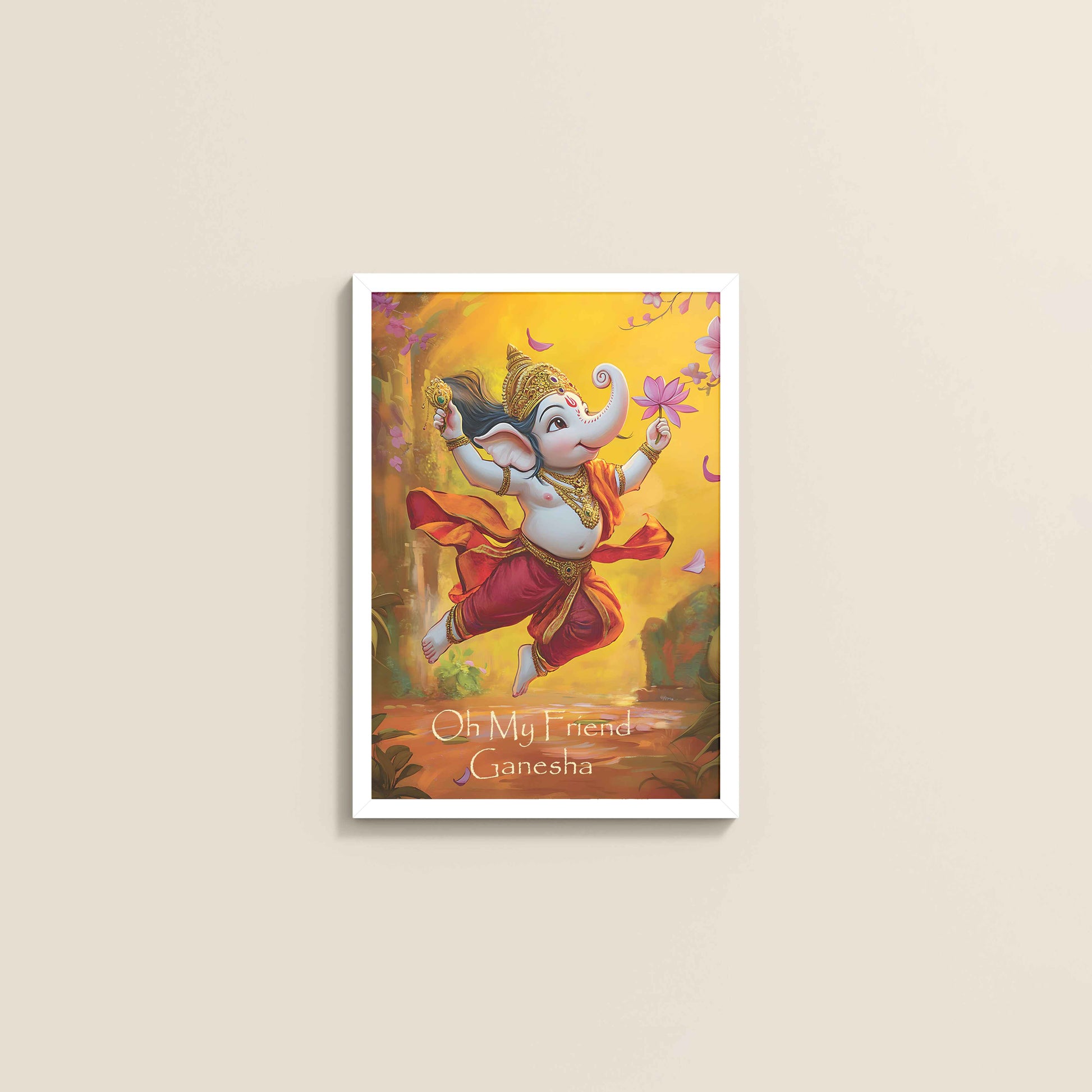 Wall View of Oh My Friend Ganesha – Colorful Bal Ganesh Wall Decor Photo Frame in White Color Frame
