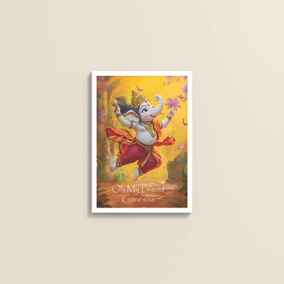 Wall View of Oh My Friend Ganesha – Colorful Bal Ganesh Wall Decor Photo Frame in White Color Frame