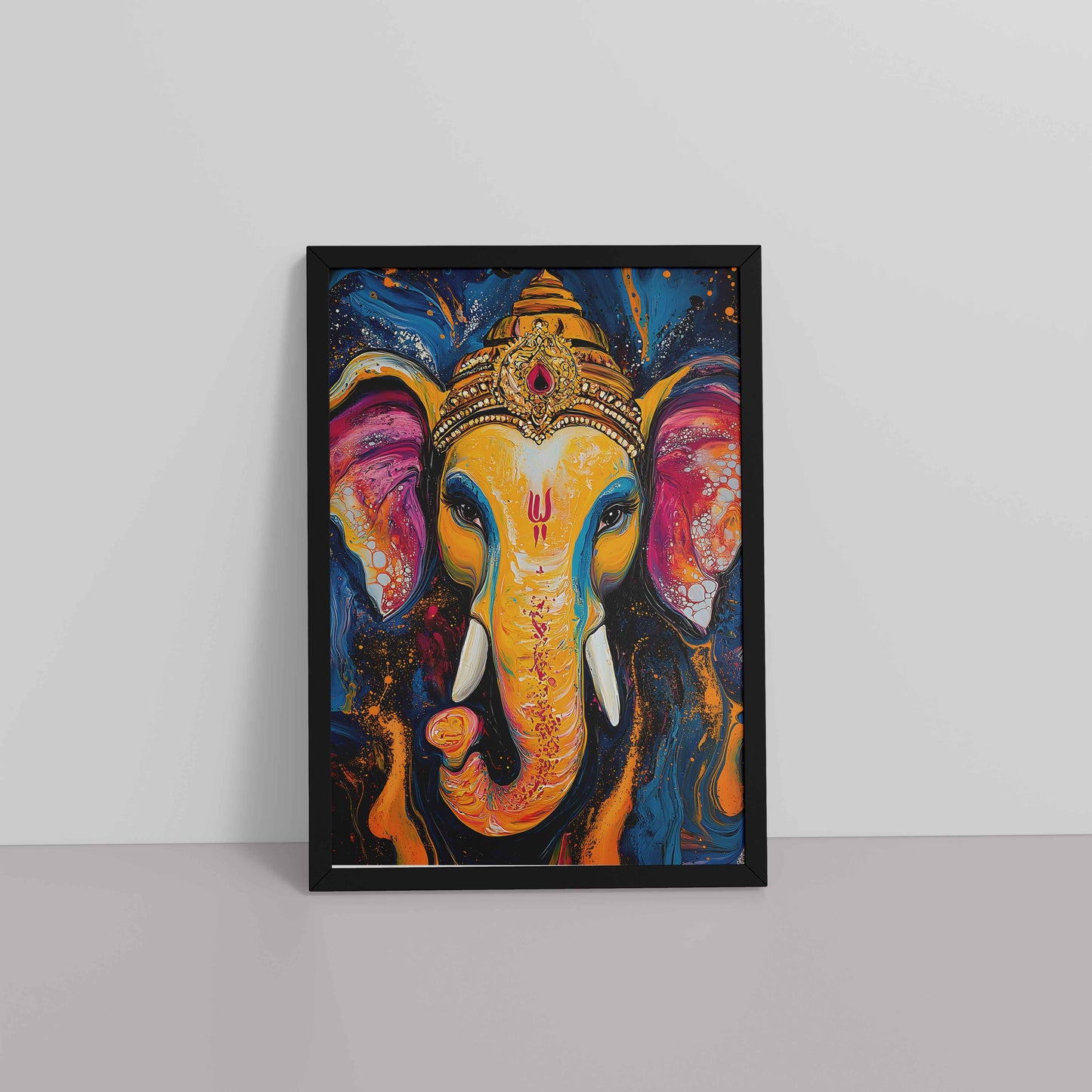 Floor View of Vibrant Abstract Lord Ganesha – Wall Decor & Spiritual Painting in Black Color Frame