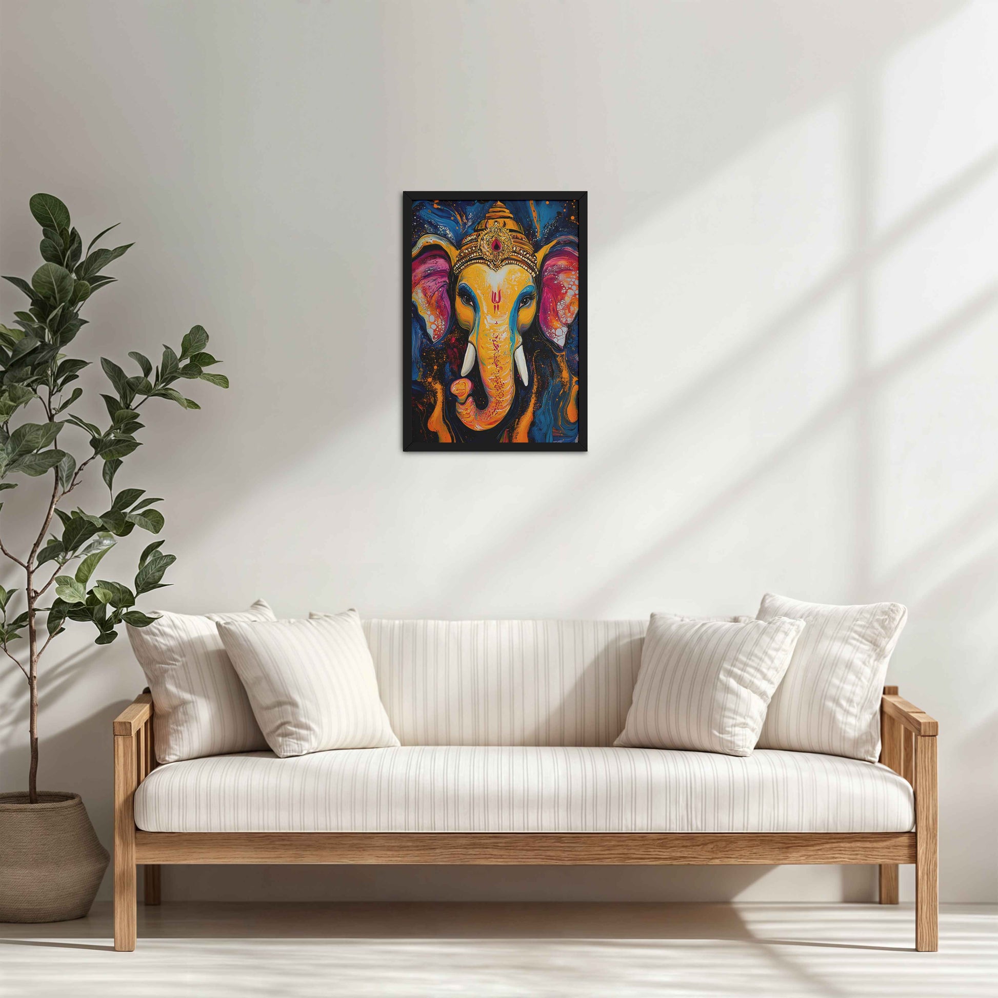 Living Room Sofa Preview of Vibrant Abstract Lord Ganesha – Wall Decor & Spiritual Painting in Black Color Frame