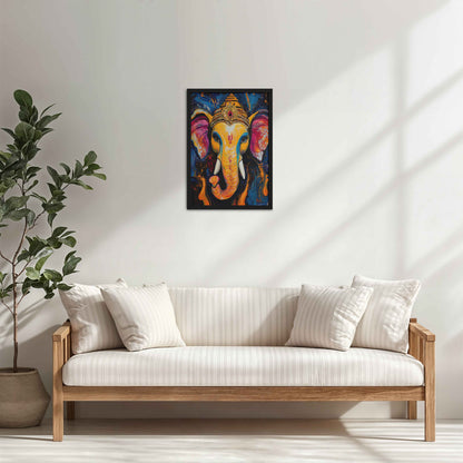 Living Room Sofa Preview of Vibrant Abstract Lord Ganesha – Wall Decor & Spiritual Painting in Black Color Frame