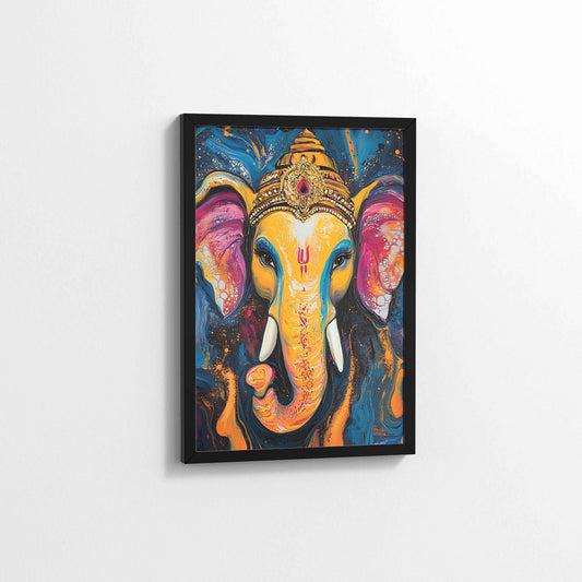 Side View of Vibrant Abstract Lord Ganesha – Wall Decor & Spiritual Painting in Black Color Frame