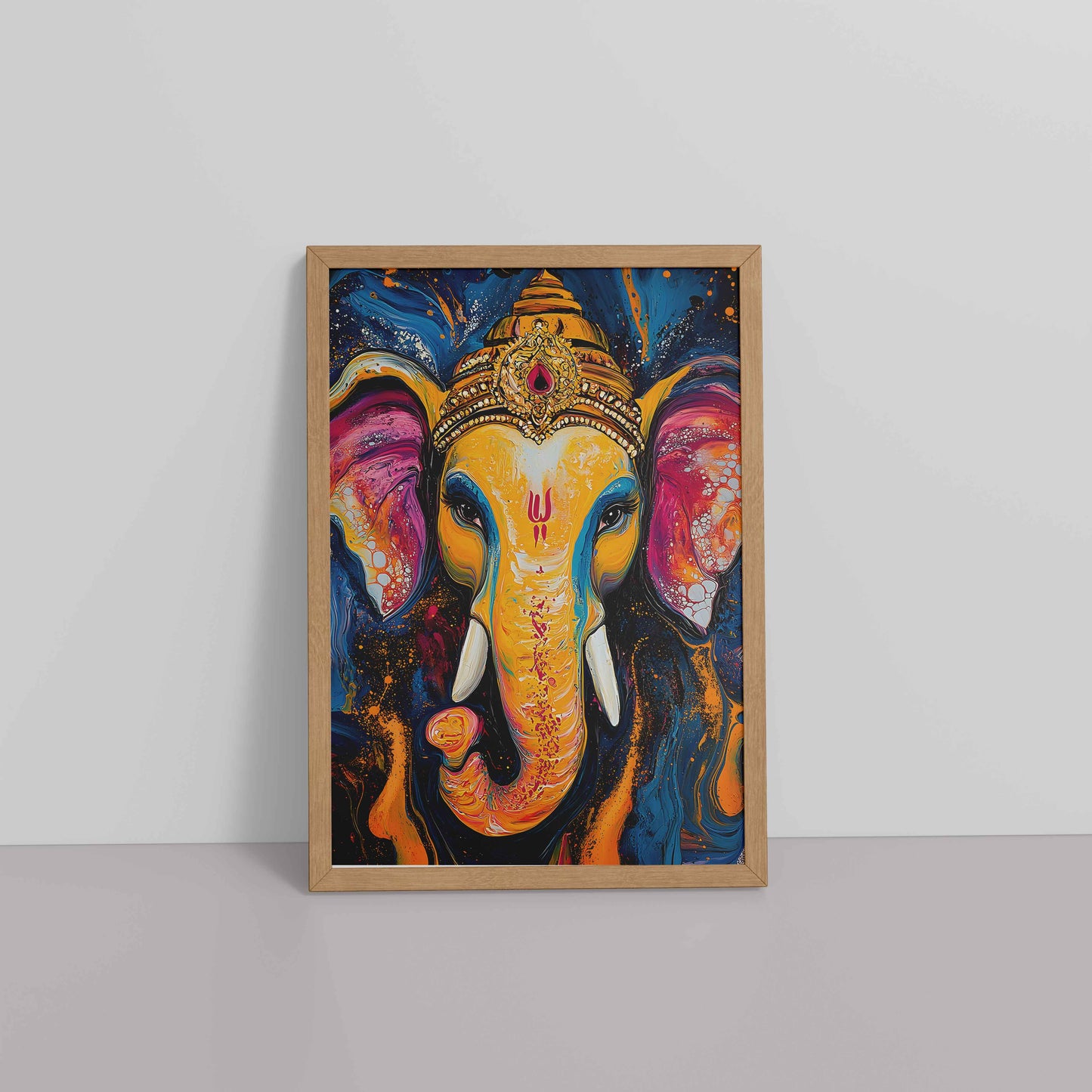 Floor View of Vibrant Abstract Lord Ganesha – Wall Decor & Spiritual Painting in Natrual Color Frame