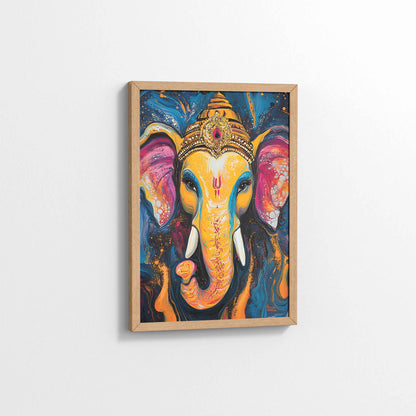 Side View of Vibrant Abstract Lord Ganesha – Wall Decor & Spiritual Painting in Natrual Color Frame