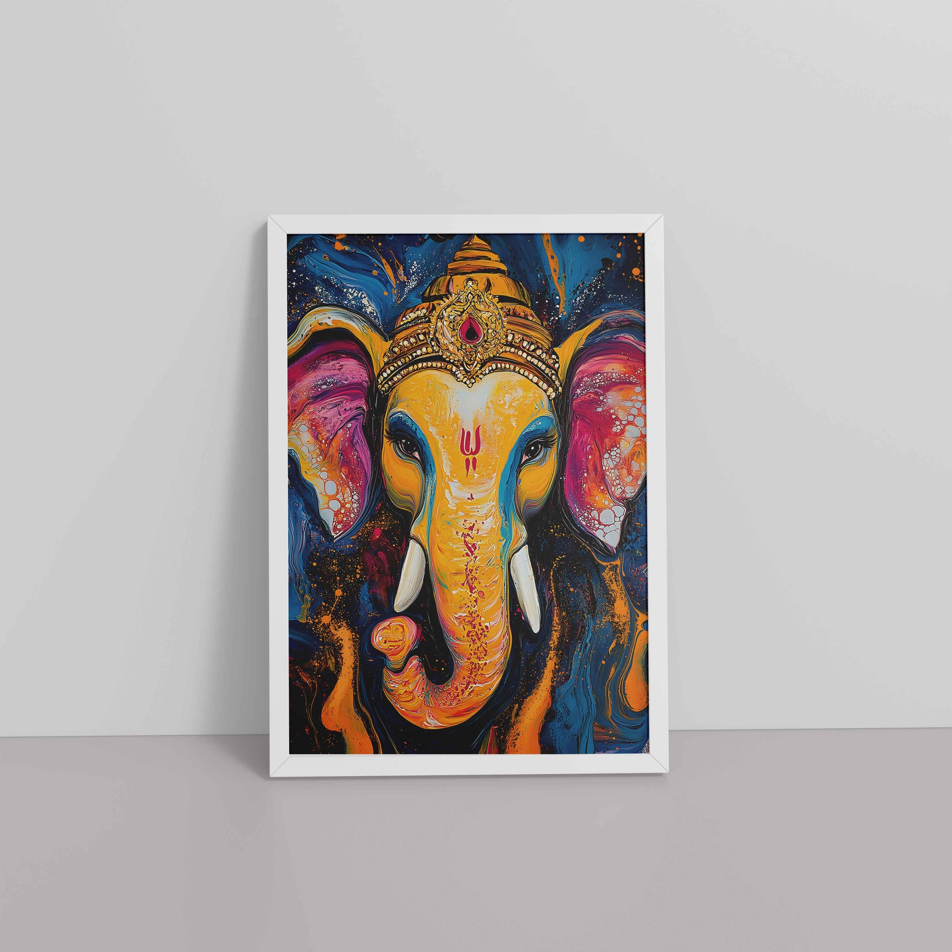 Floor View of Vibrant Abstract Lord Ganesha – Wall Decor & Spiritual Painting in White Color Frame