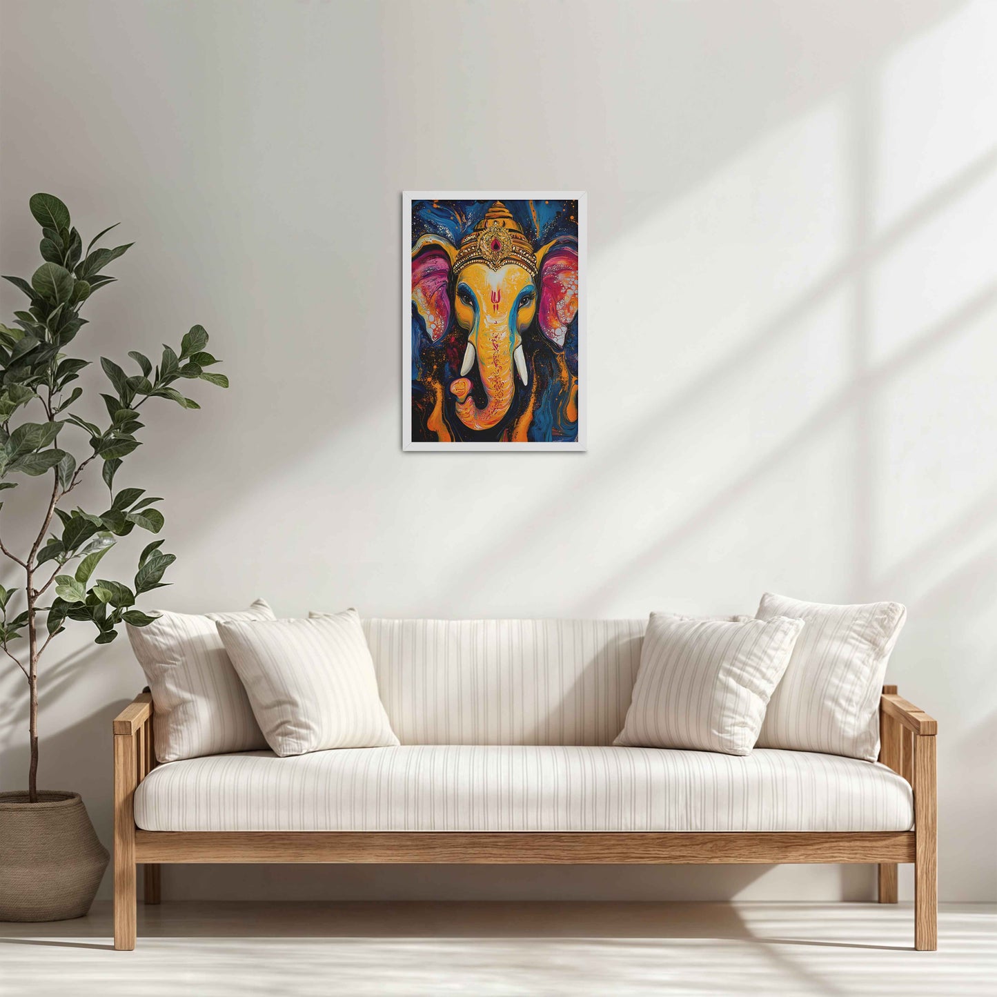Living Room Sofa Preview of Vibrant Abstract Lord Ganesha – Wall Decor & Spiritual Painting in White Color Frame