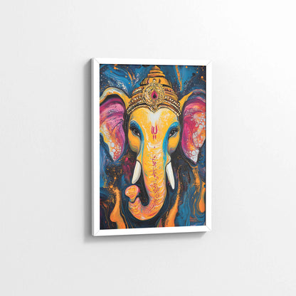 Side View of Vibrant Abstract Lord Ganesha – Wall Decor & Spiritual Painting in White Color Frame