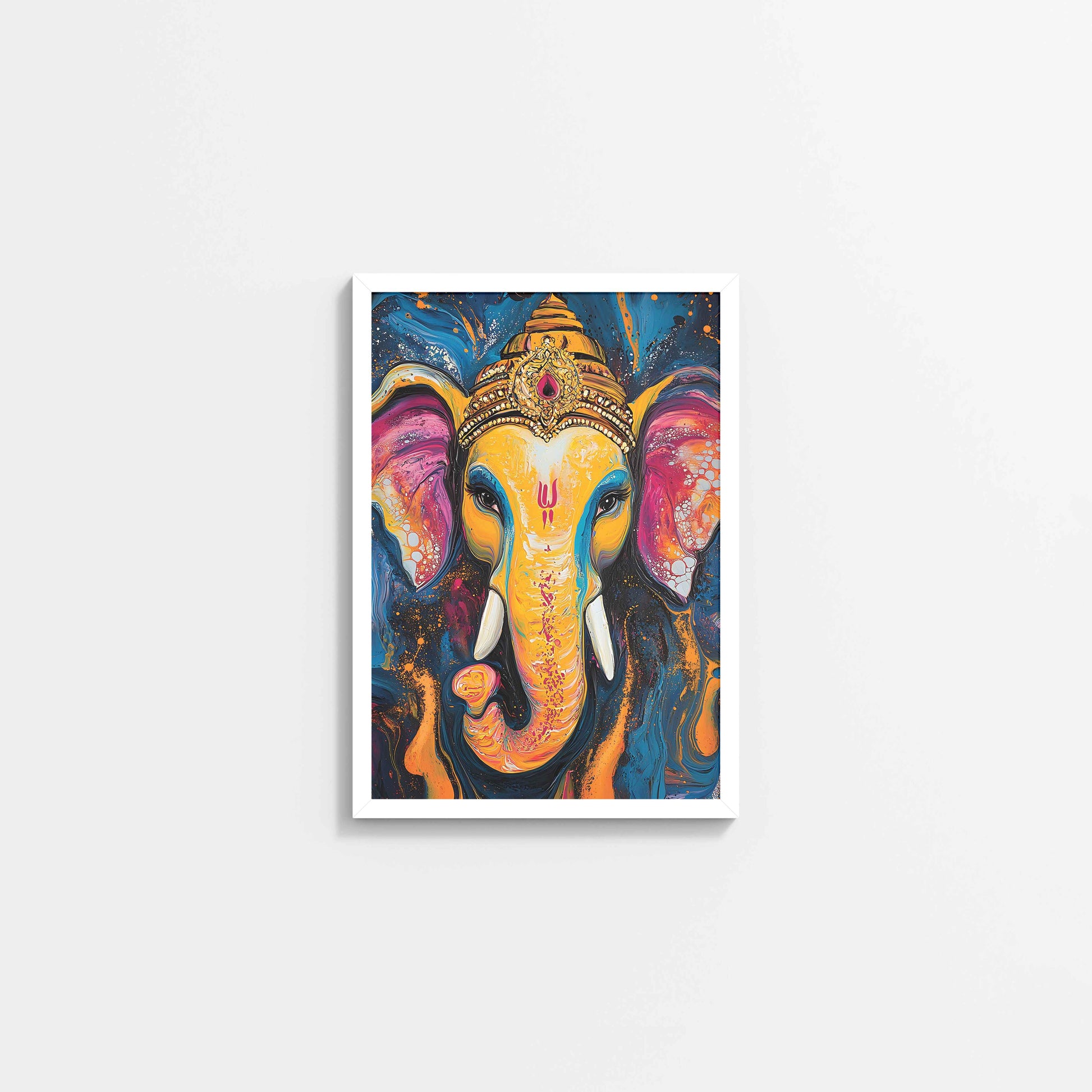 Wall View of Vibrant Abstract Lord Ganesha – Wall Decor & Spiritual Painting in White Color Frame