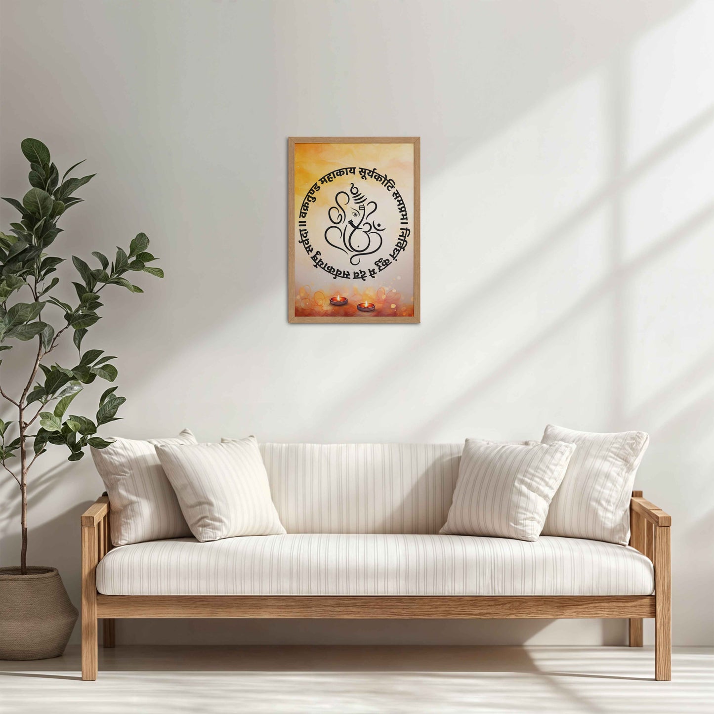 Living Room Sofa Preview of Lord Ganesha Photo Frame – With Powerful Vakratunda Mantra in Natrual Color Frame