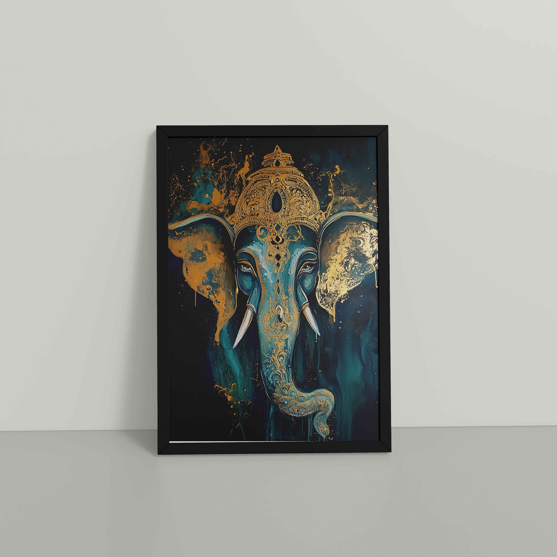 Floor View of Vighnaharta Lord Ganesha Wall Artwork – Symbol of Obstacle Removal & Peace in Black Color Frame