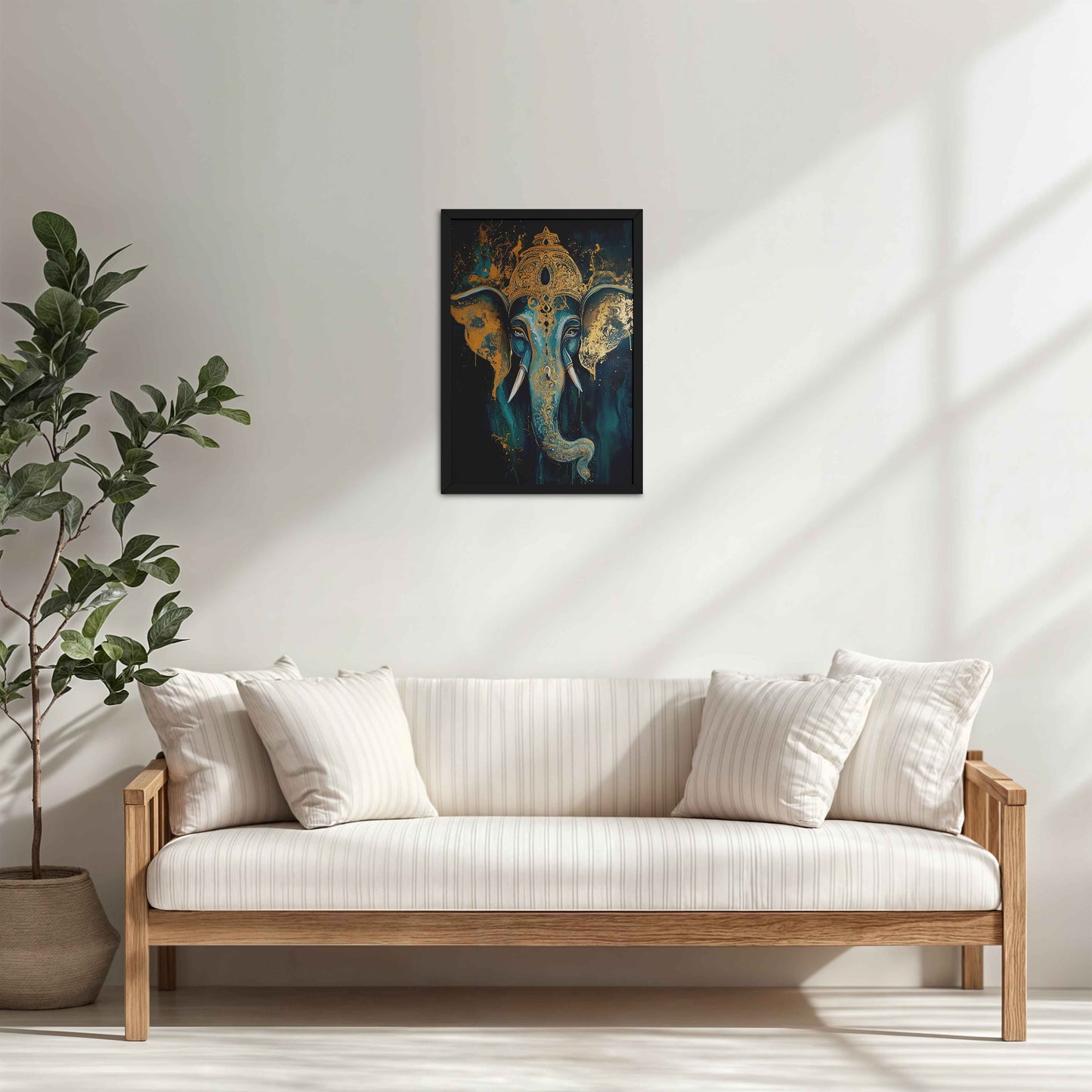 Living Room Sofa Preview of Vighnaharta Lord Ganesha Wall Artwork – Symbol of Obstacle Removal & Peace in Black Color Frame