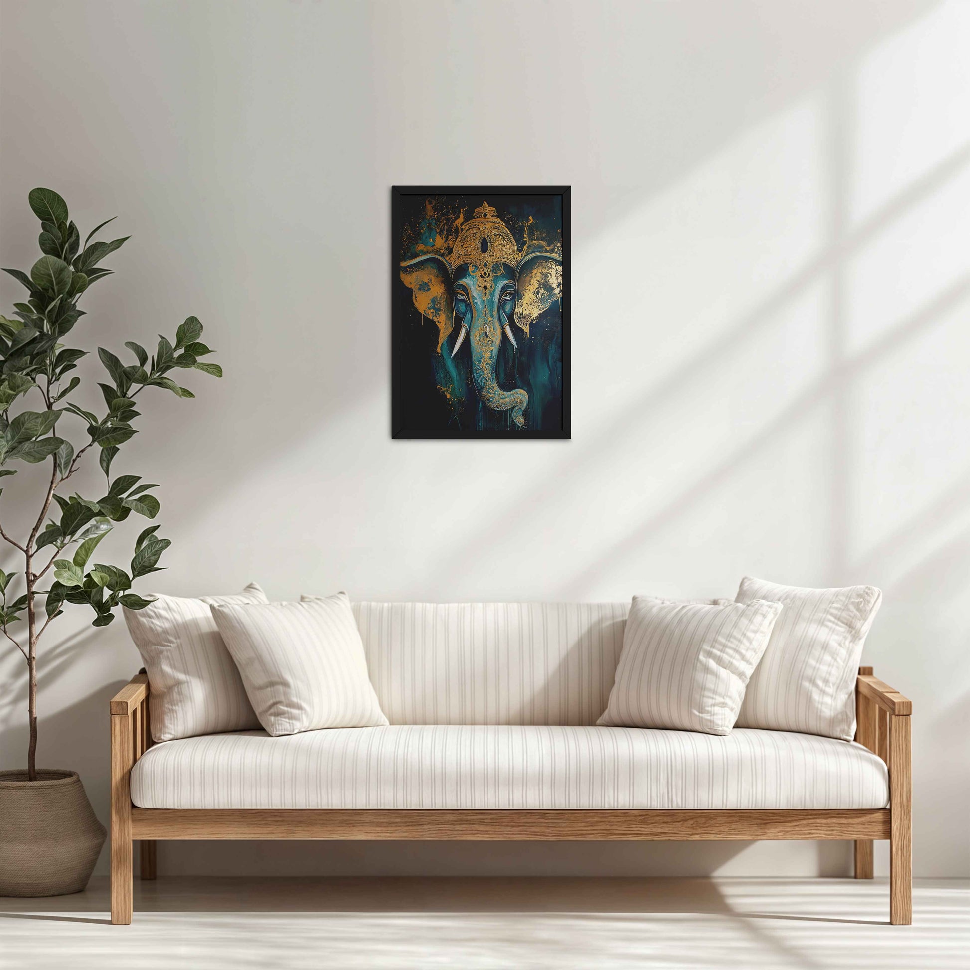 Living Room Sofa Preview of Vighnaharta Lord Ganesha Wall Artwork – Symbol of Obstacle Removal & Peace in Black Color Frame
