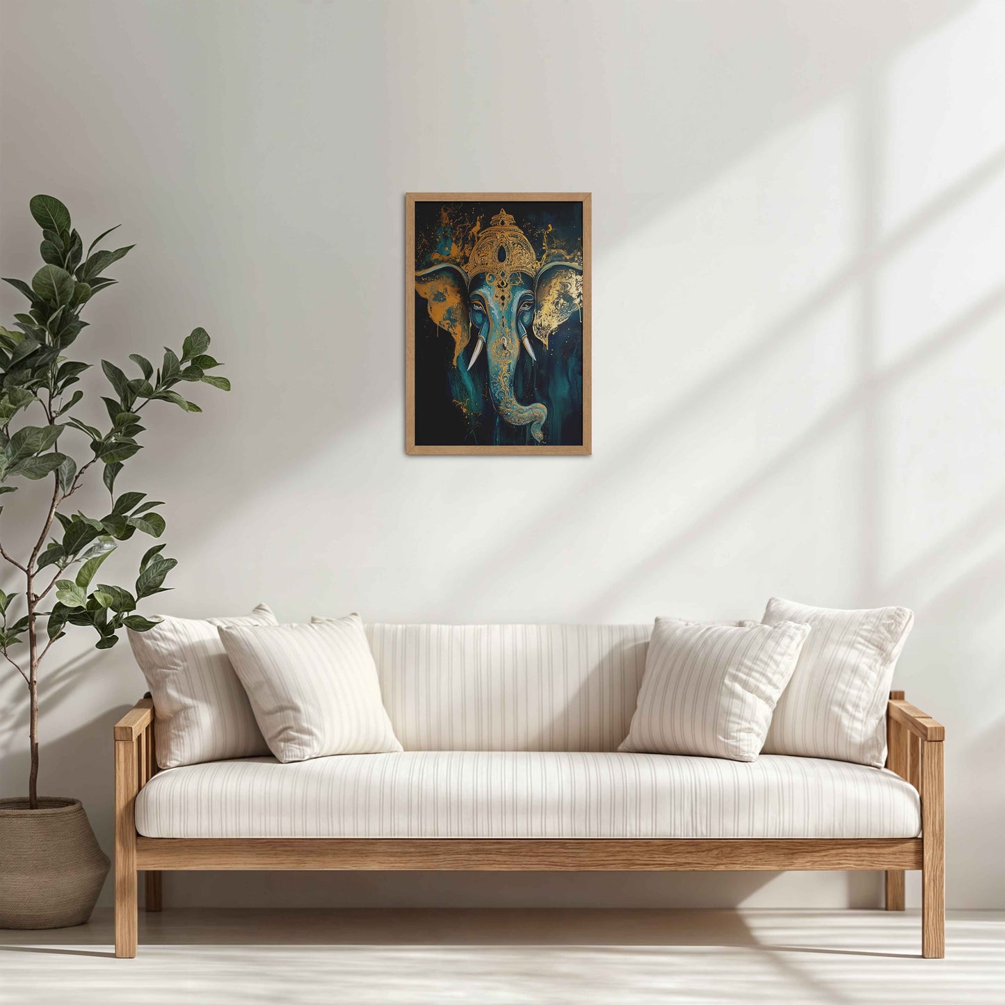Living Room Sofa Preview of Vighnaharta Lord Ganesha Wall Artwork – Symbol of Obstacle Removal & Peace in Natrual Color Frame