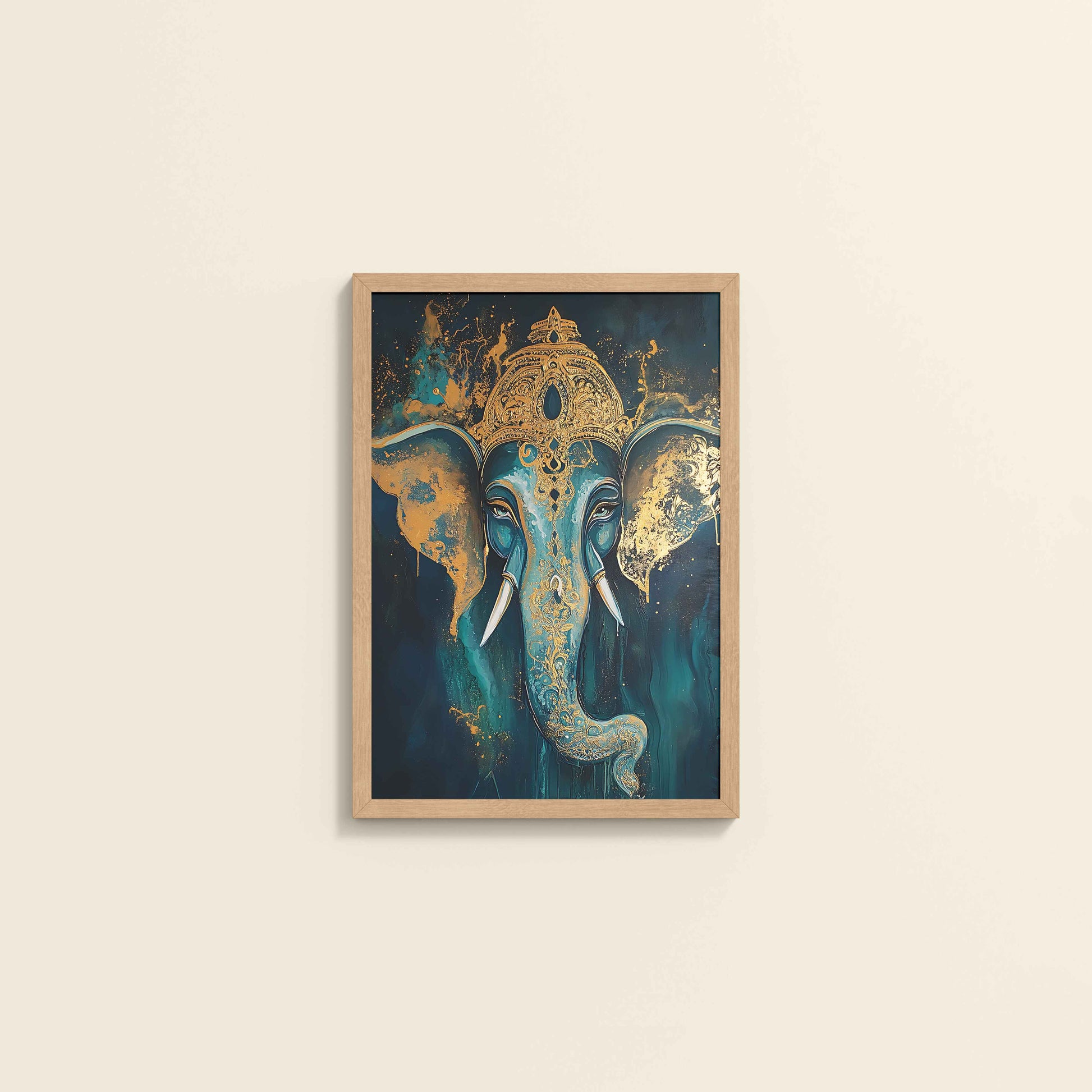 Wall View of Vighnaharta Lord Ganesha Wall Artwork – Symbol of Obstacle Removal & Peace in Natrual Color Frame