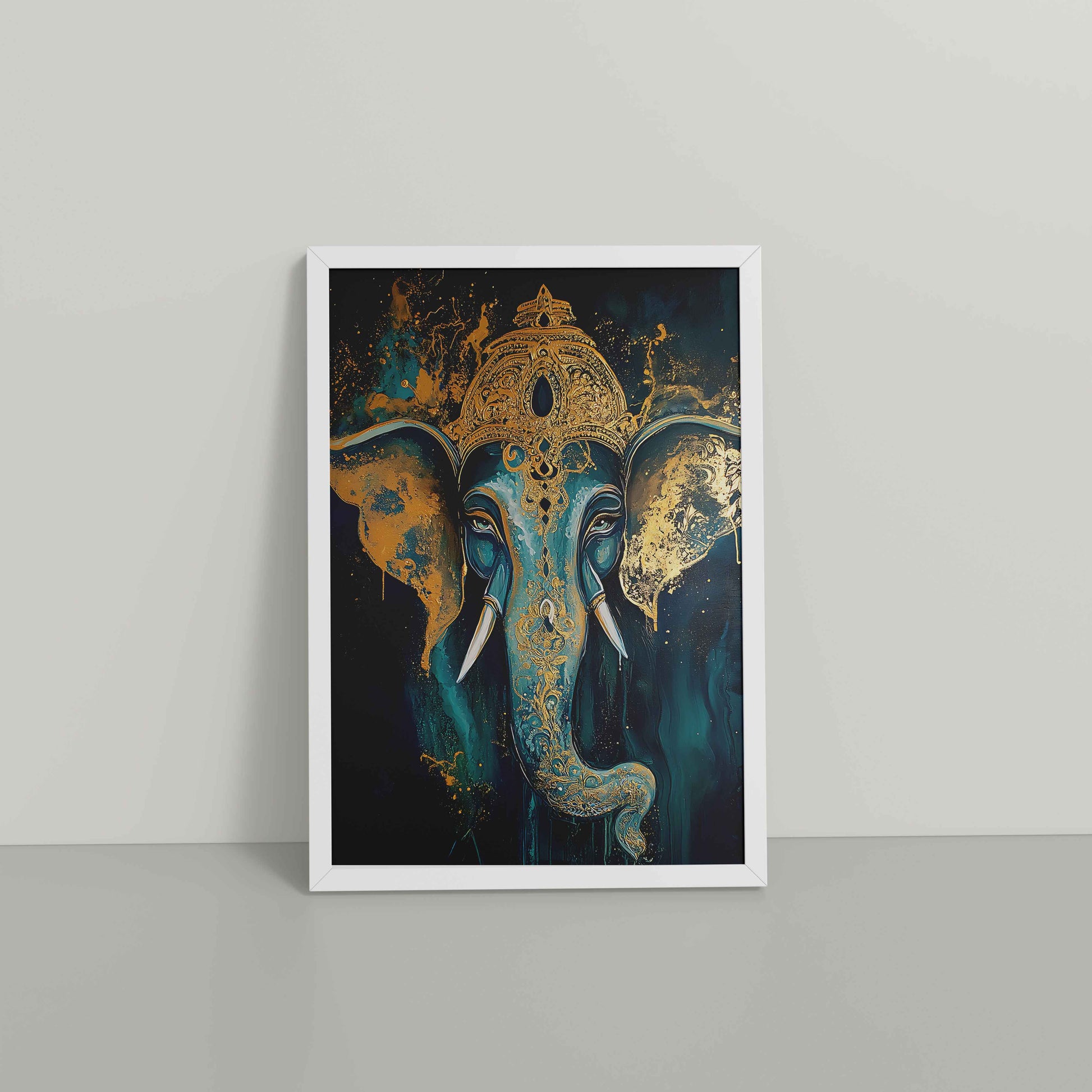 Floor View of Vighnaharta Lord Ganesha Wall Artwork – Symbol of Obstacle Removal & Peace in White Color Frame