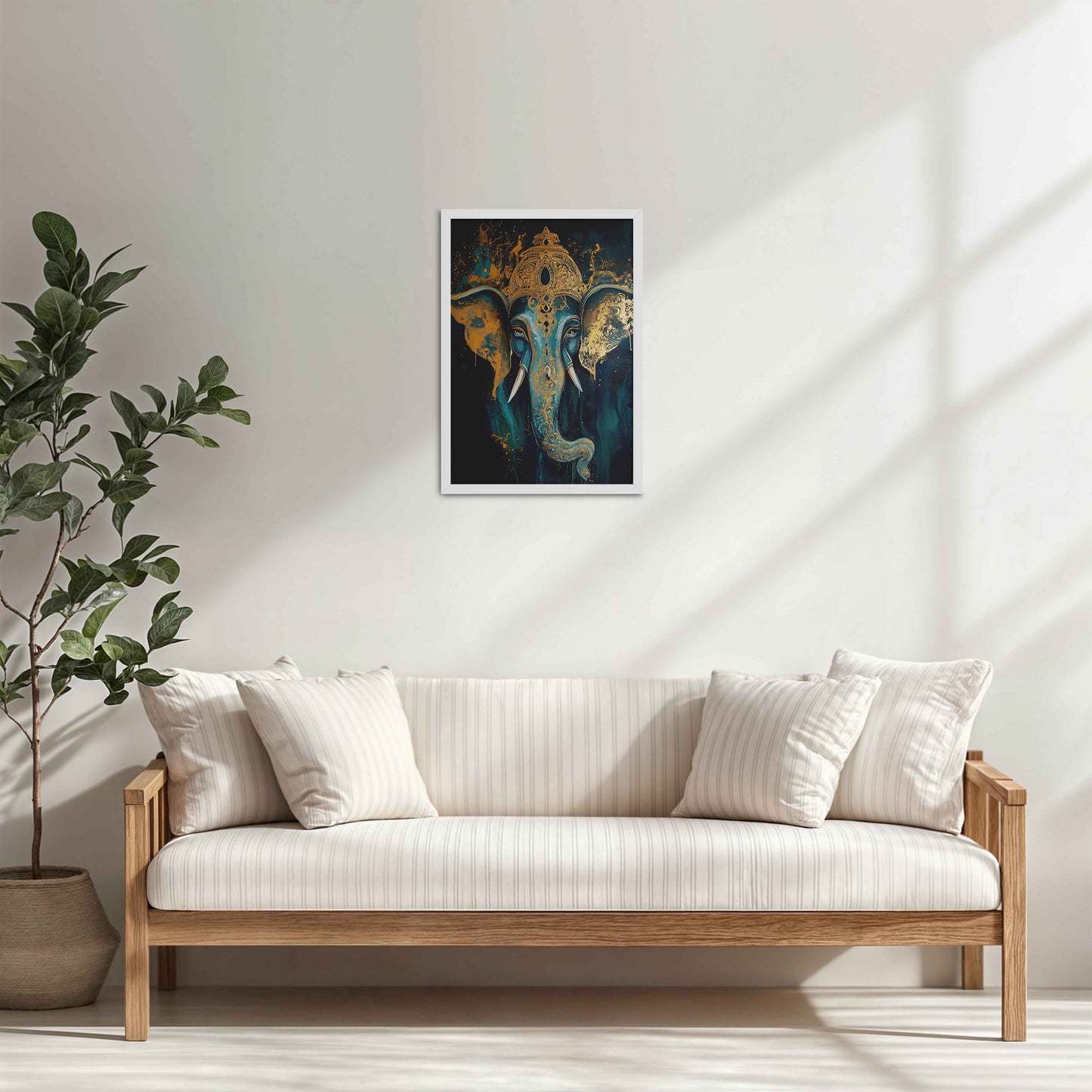 Living Room Sofa Preview of Vighnaharta Lord Ganesha Wall Artwork – Symbol of Obstacle Removal & Peace in White Color Frame