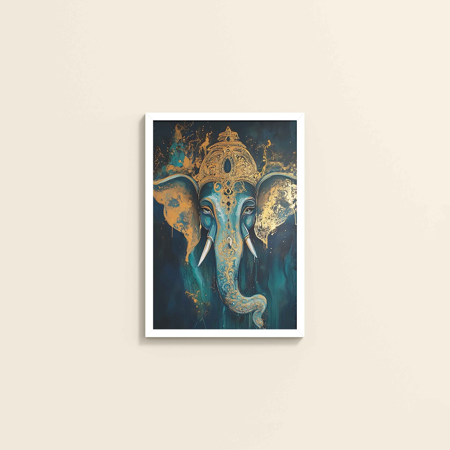 Wall View of Vighnaharta Lord Ganesha Wall Artwork – Symbol of Obstacle Removal & Peace in White Color Frame