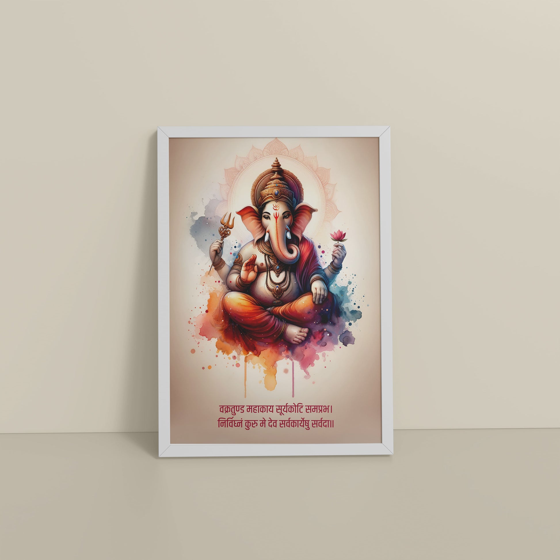 Floor View Ganesh Wall Frame with Mantra – Vakratunda Mahakaya in White Frame